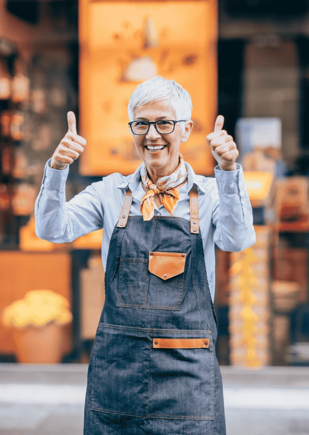 Happy business owner raising a thumbs up